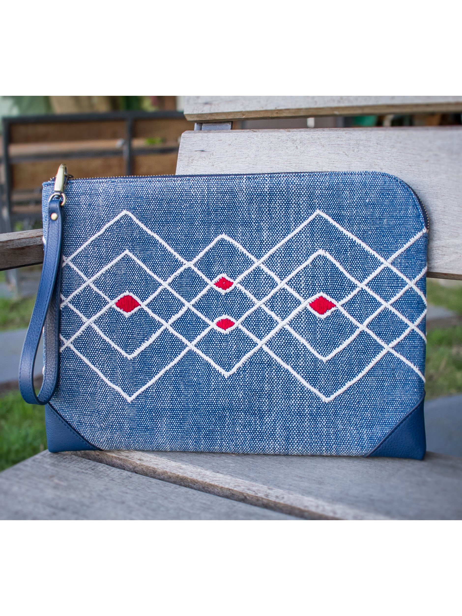 Hand Woven Cotton with Indigo Natural Dyes and Blue Leather Accent