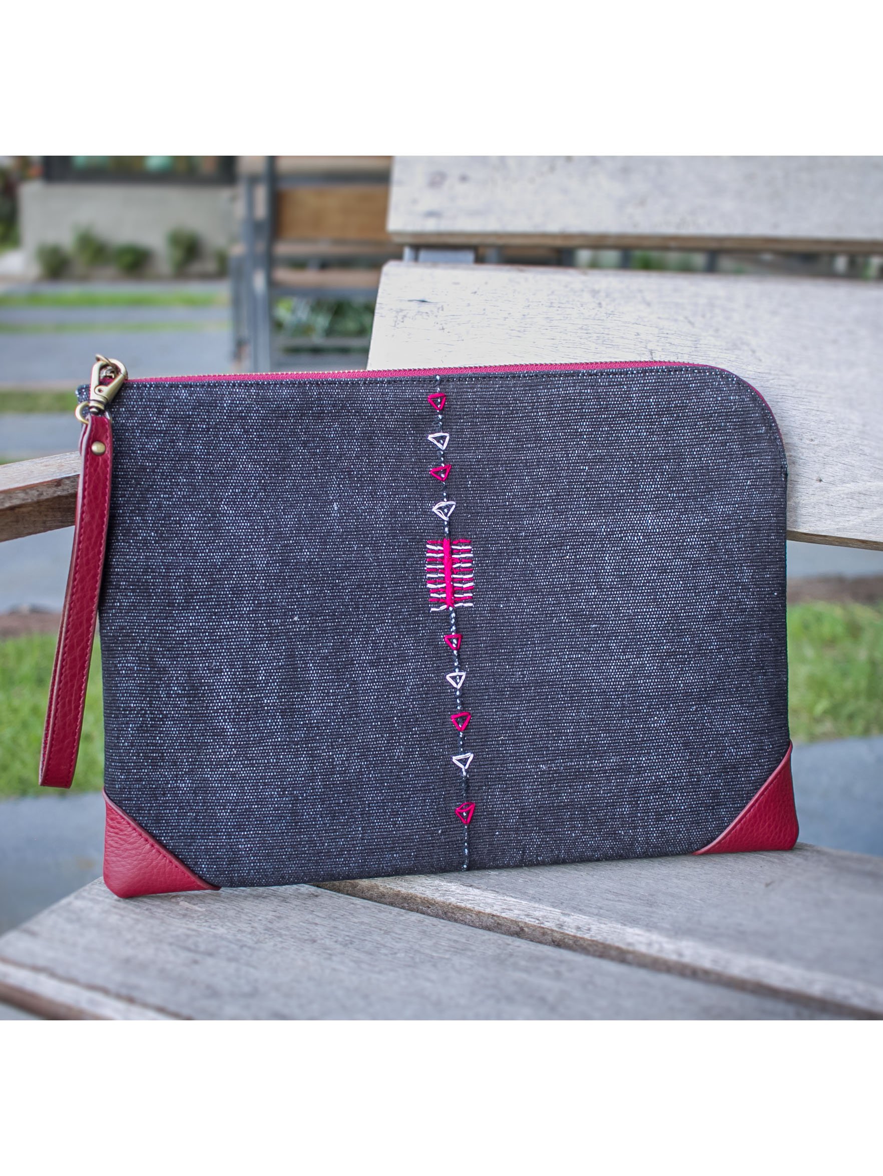 Tribal Clutch Bag : Indigo Hand Woven Cotton with Red Leather Accent