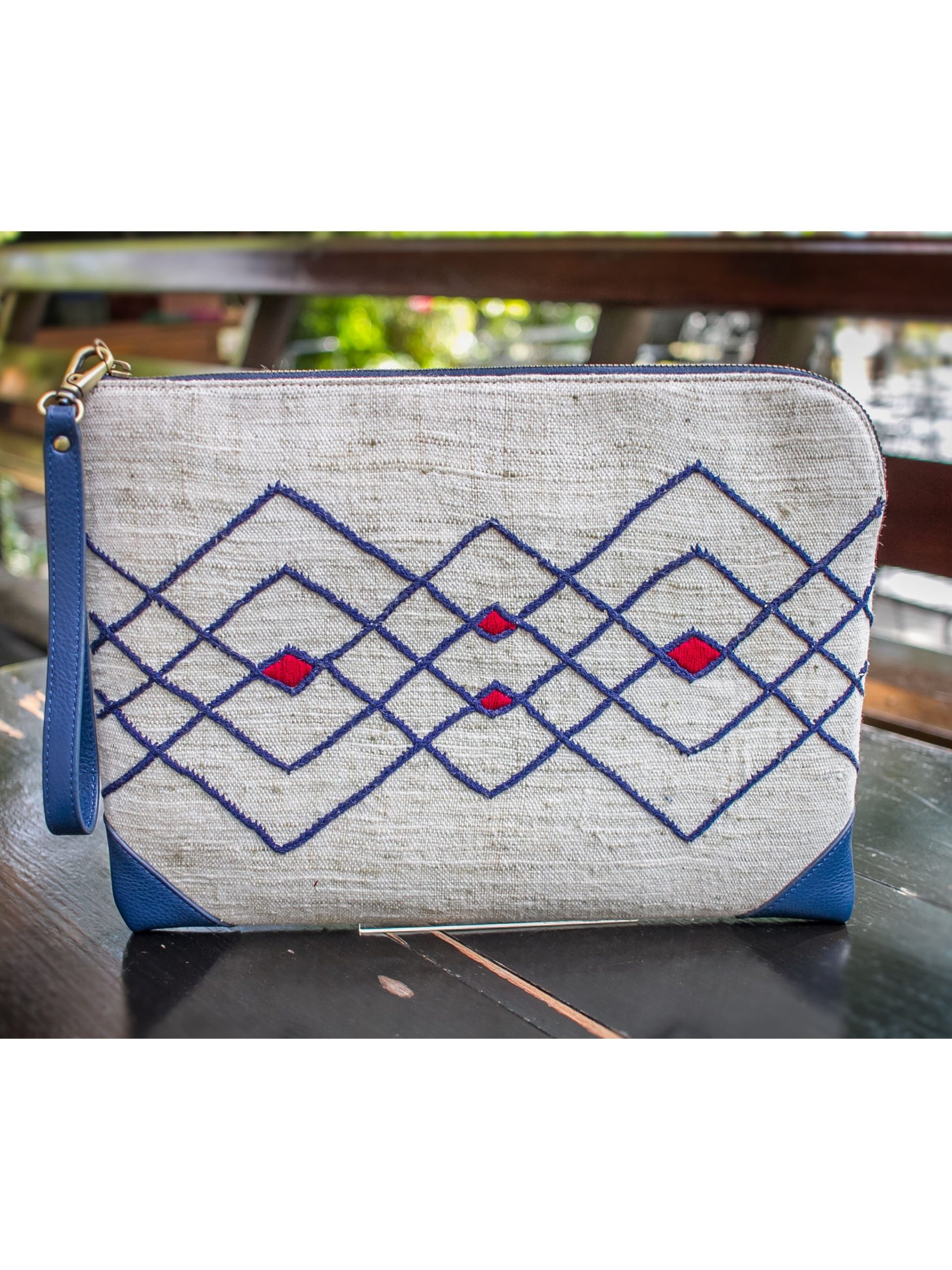 Tribal Clutch Bag : Hand Woven Natural Cotton with Blue Leather Accent