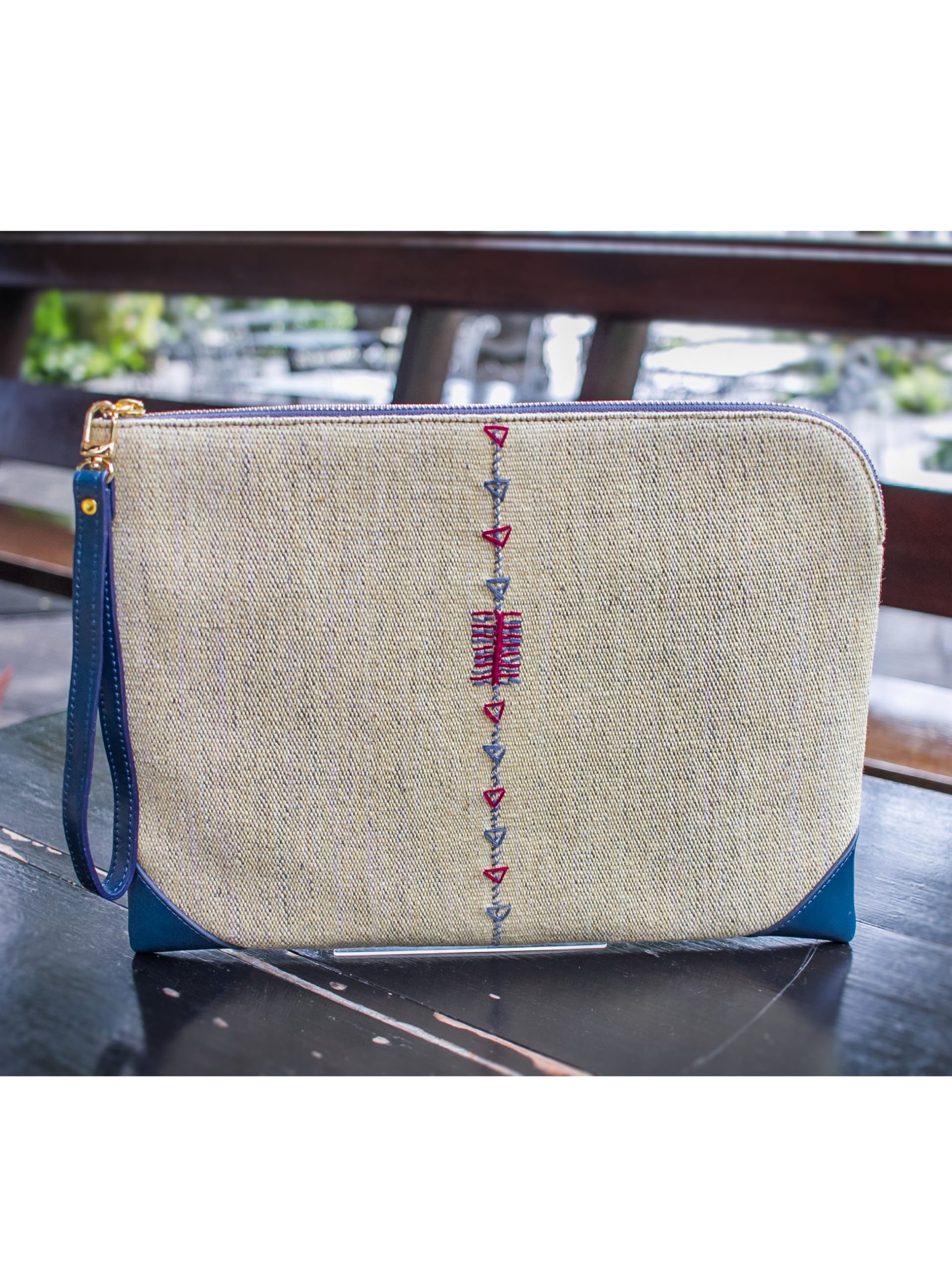 Tribal Clutch Bag : Yellow Hand Woven Cotton with Blue Leather Accent