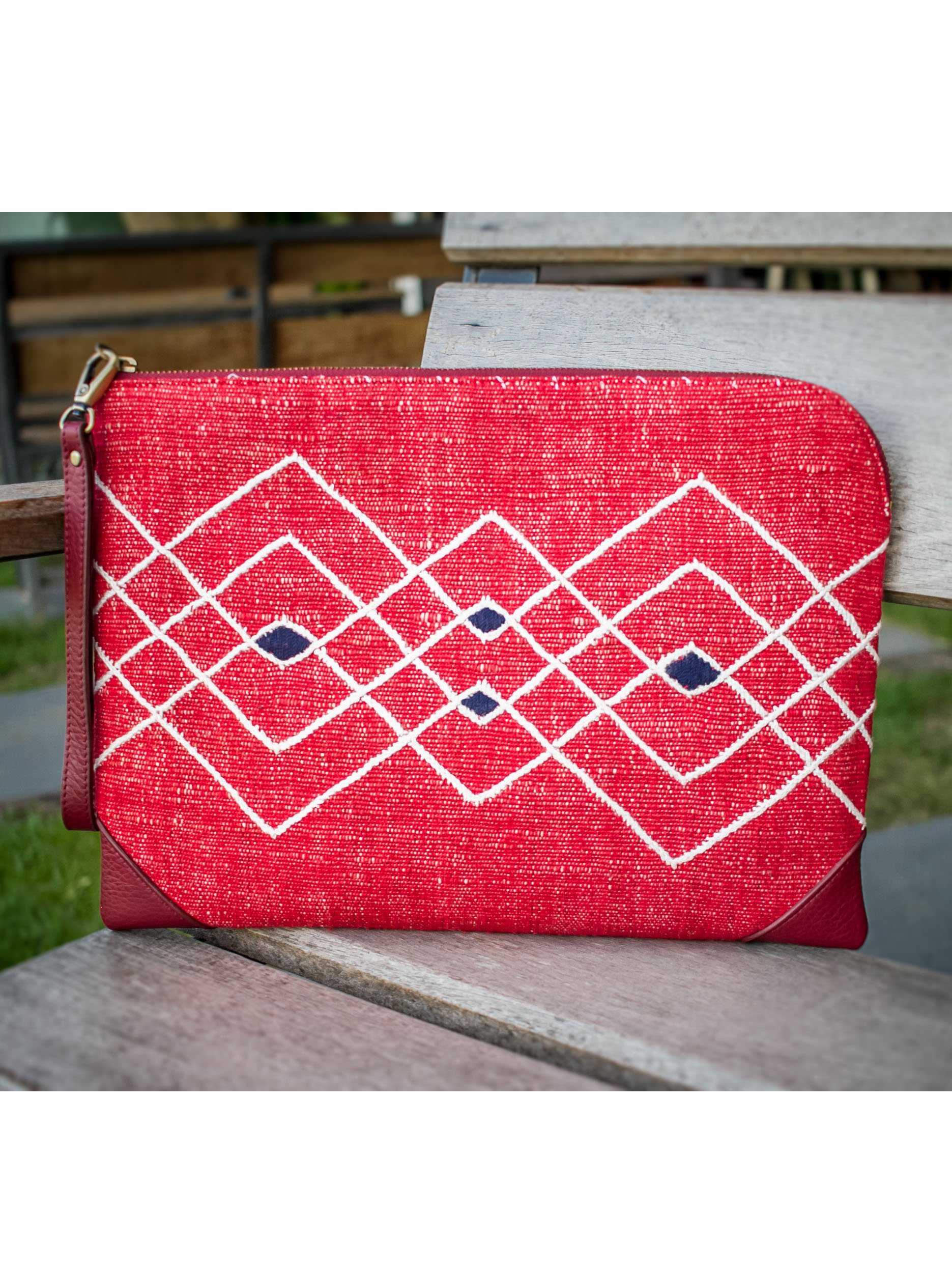 Hand Woven Red Cotton with Tribal Style Embroidery and Red Leather Accent