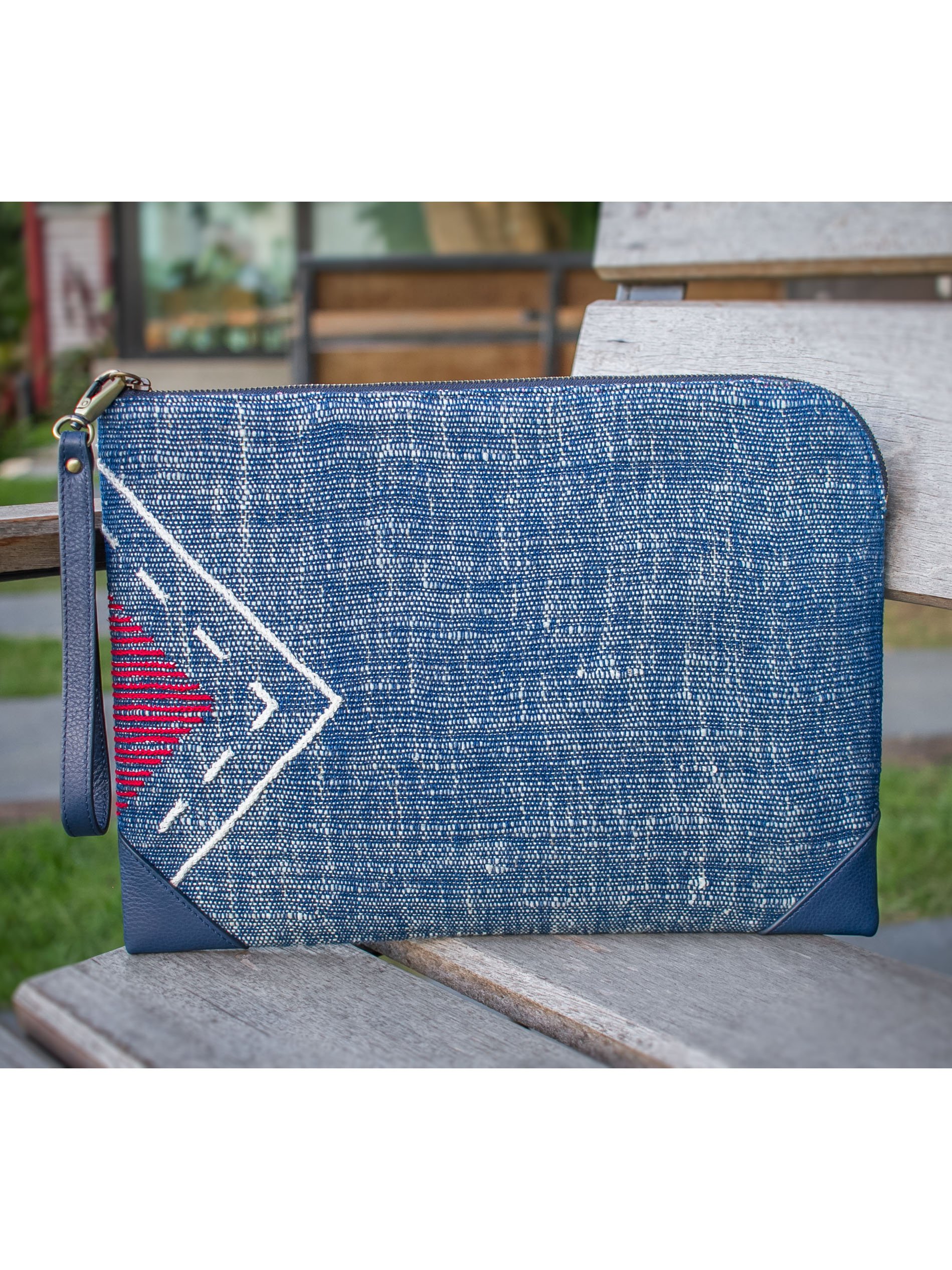 Tribal Clutch Bag : Hand Woven Cotton with Akha Embroidery and Blue Leather Accent