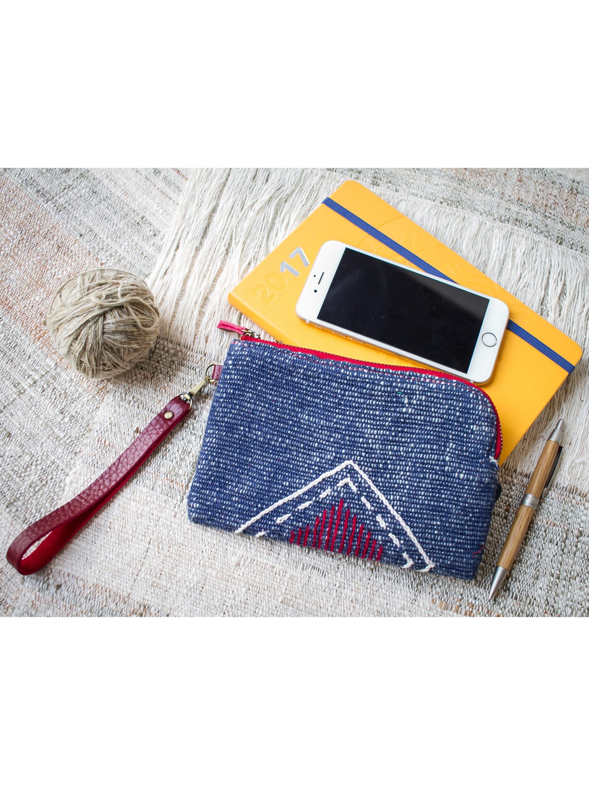 Hand Woven Cotton with Hand Embroidery Wristlet ( Blue color )