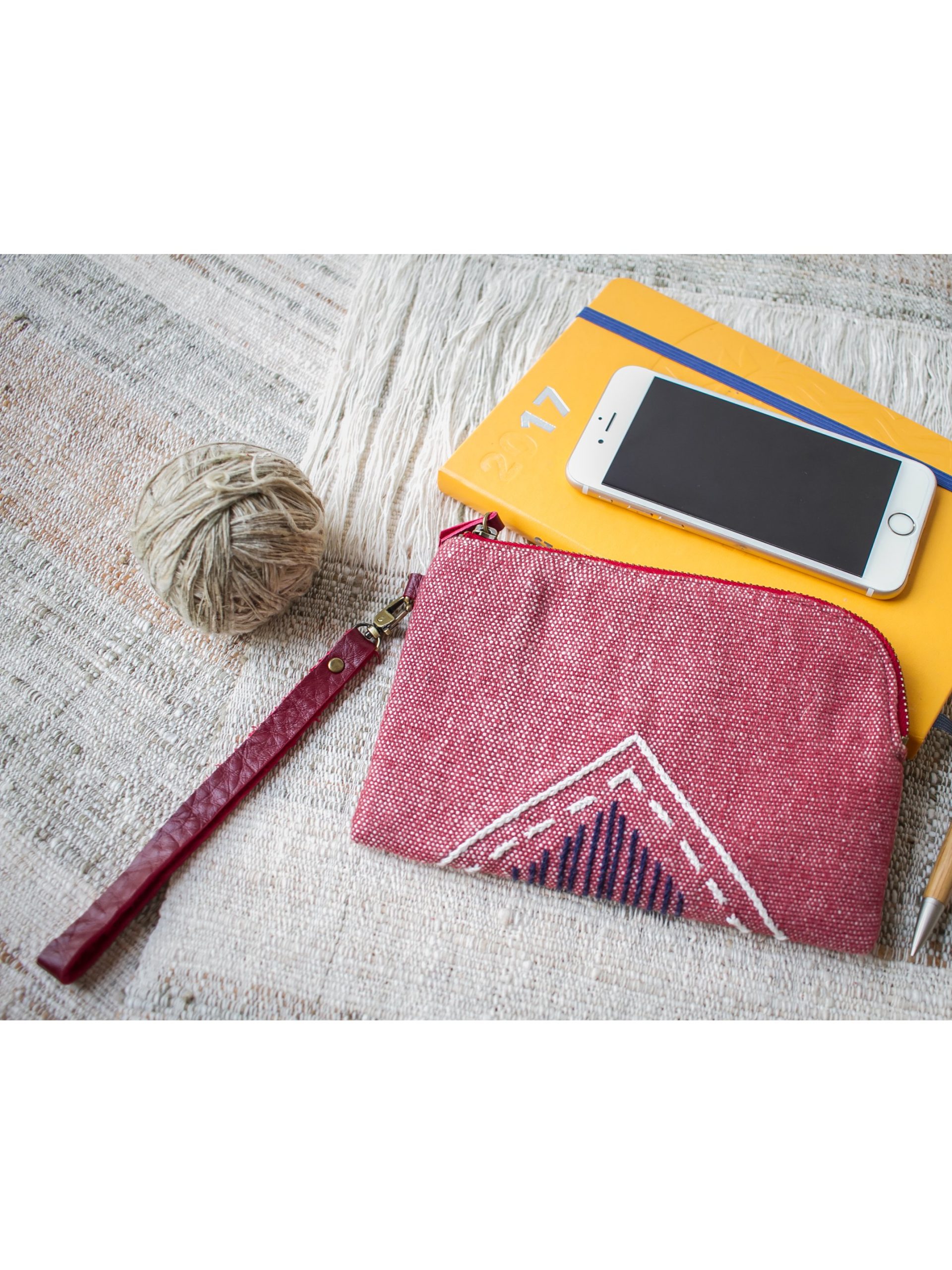 Hand Woven Cotton with Hand Embroidery Wristlet ( Red color )