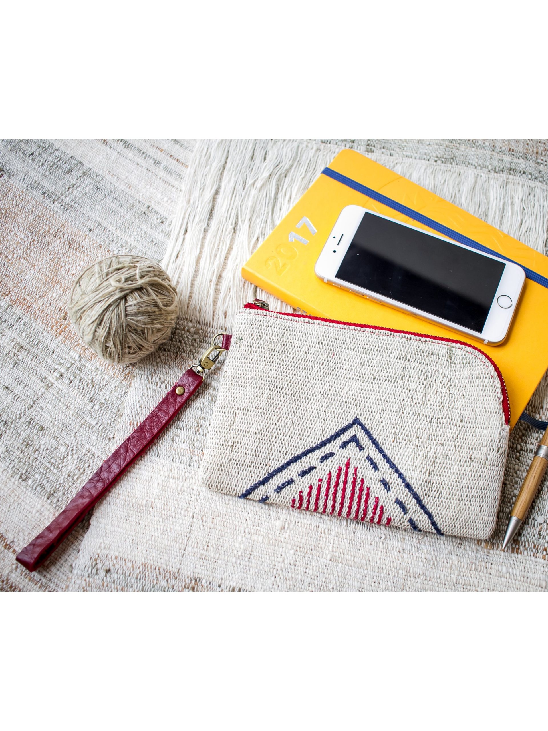 Hand Woven Cotton with Hand Embroidery Wristlet ( Natural Cotton color )