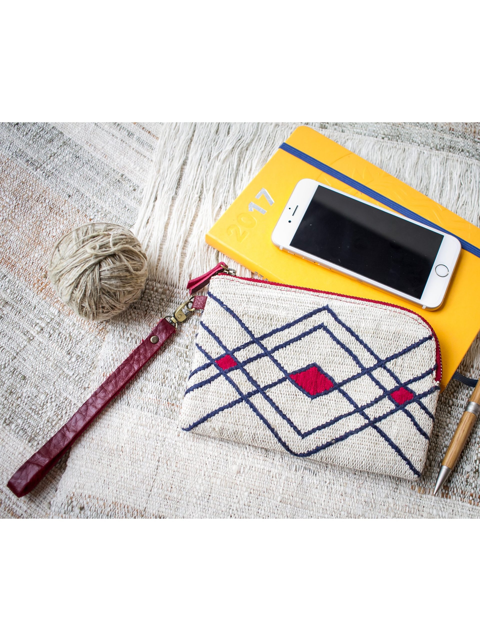 Hand Woven Cotton with Hand Embroidery Wristlet ( Natural Cotton color )