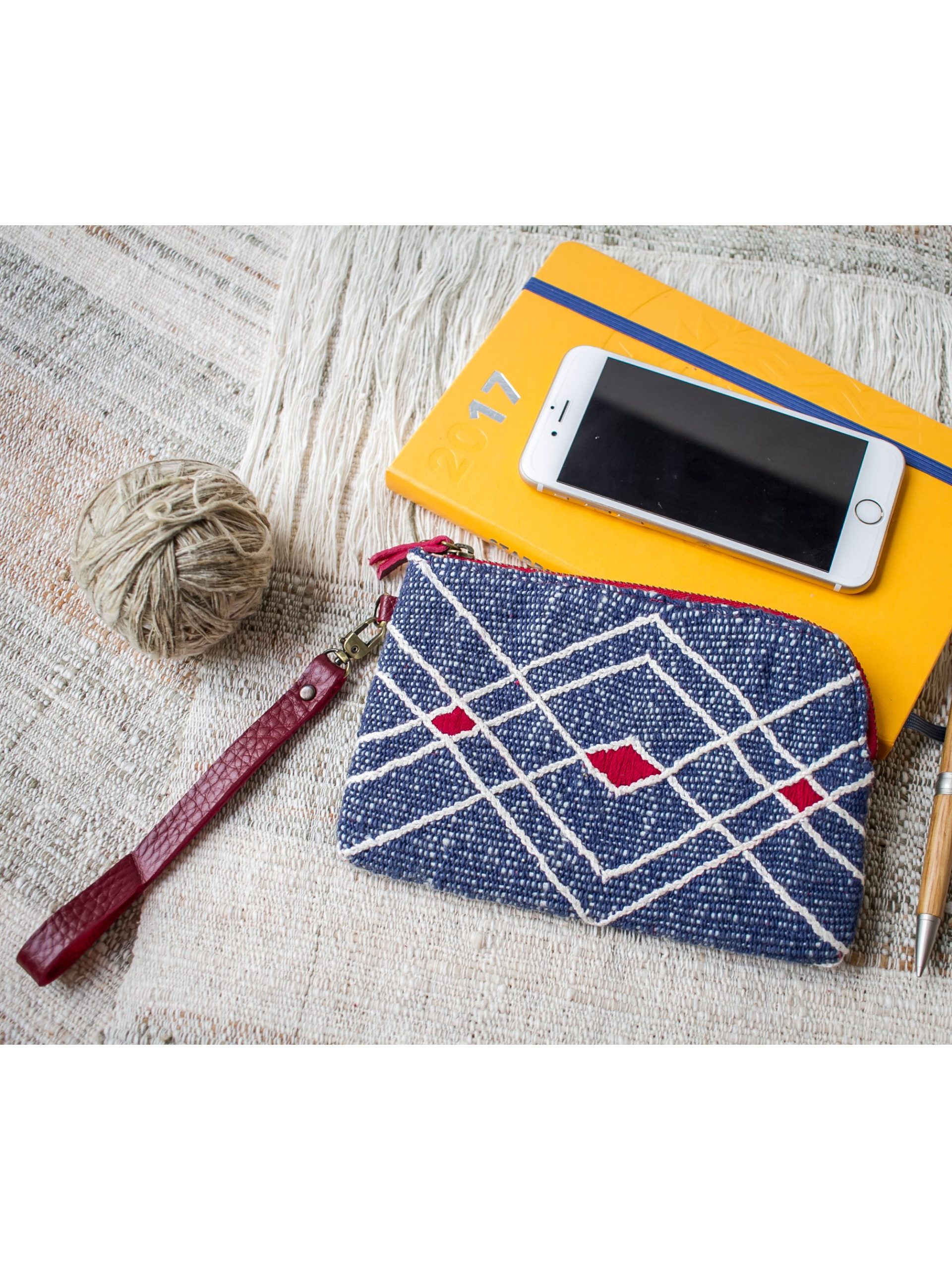 Hand Woven Cotton with Hand Embroidery Wristlet ( Blue color )