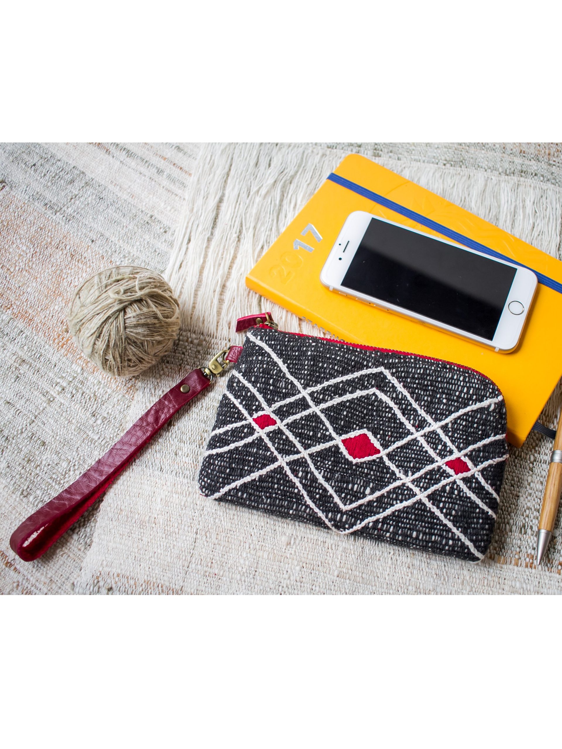 Hand Woven Cotton with Hand Embroidery Wristlet ( Black color )