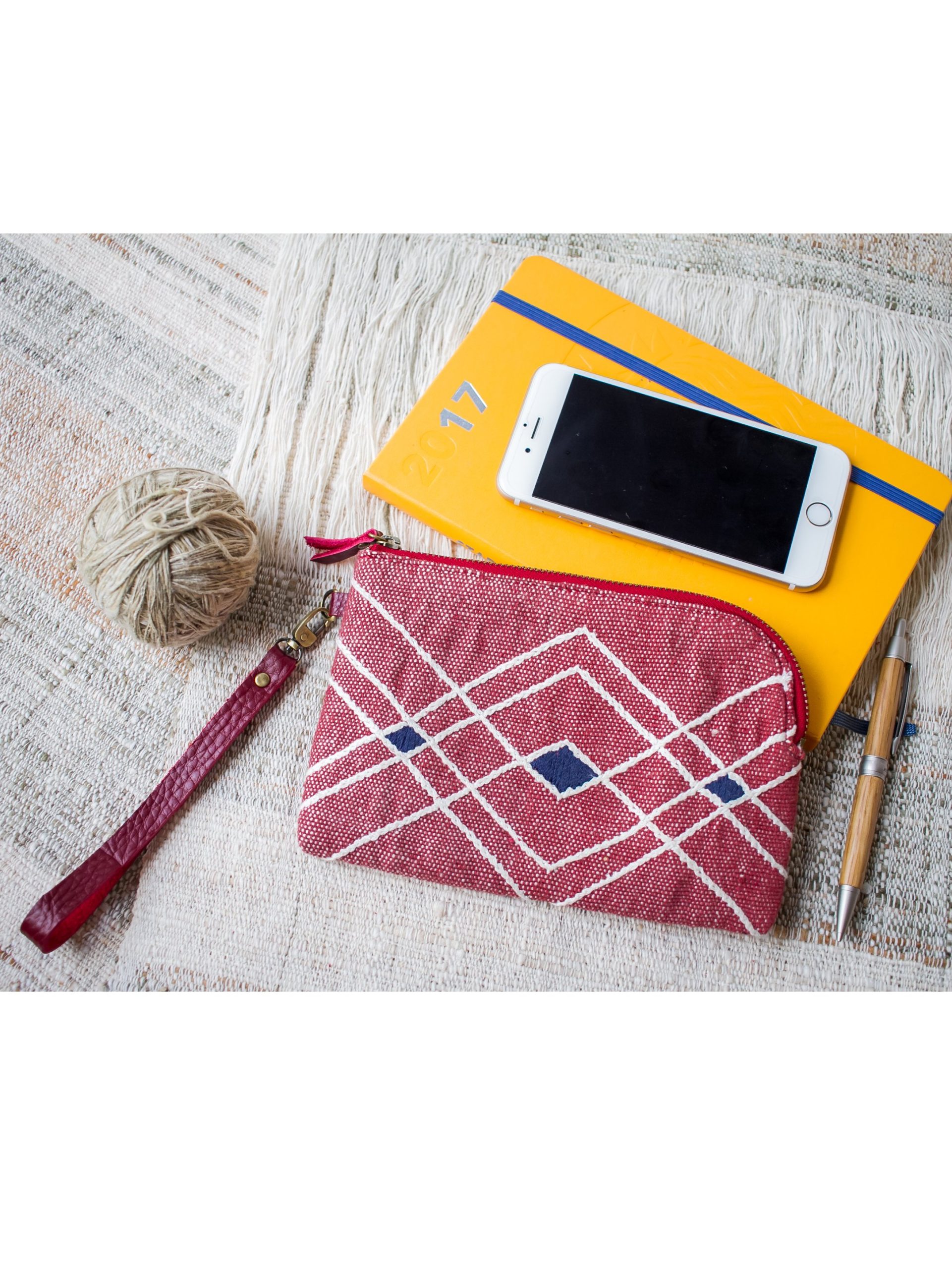 Hand Woven Cotton with Hand Embroidery Wristlet ( Red color )