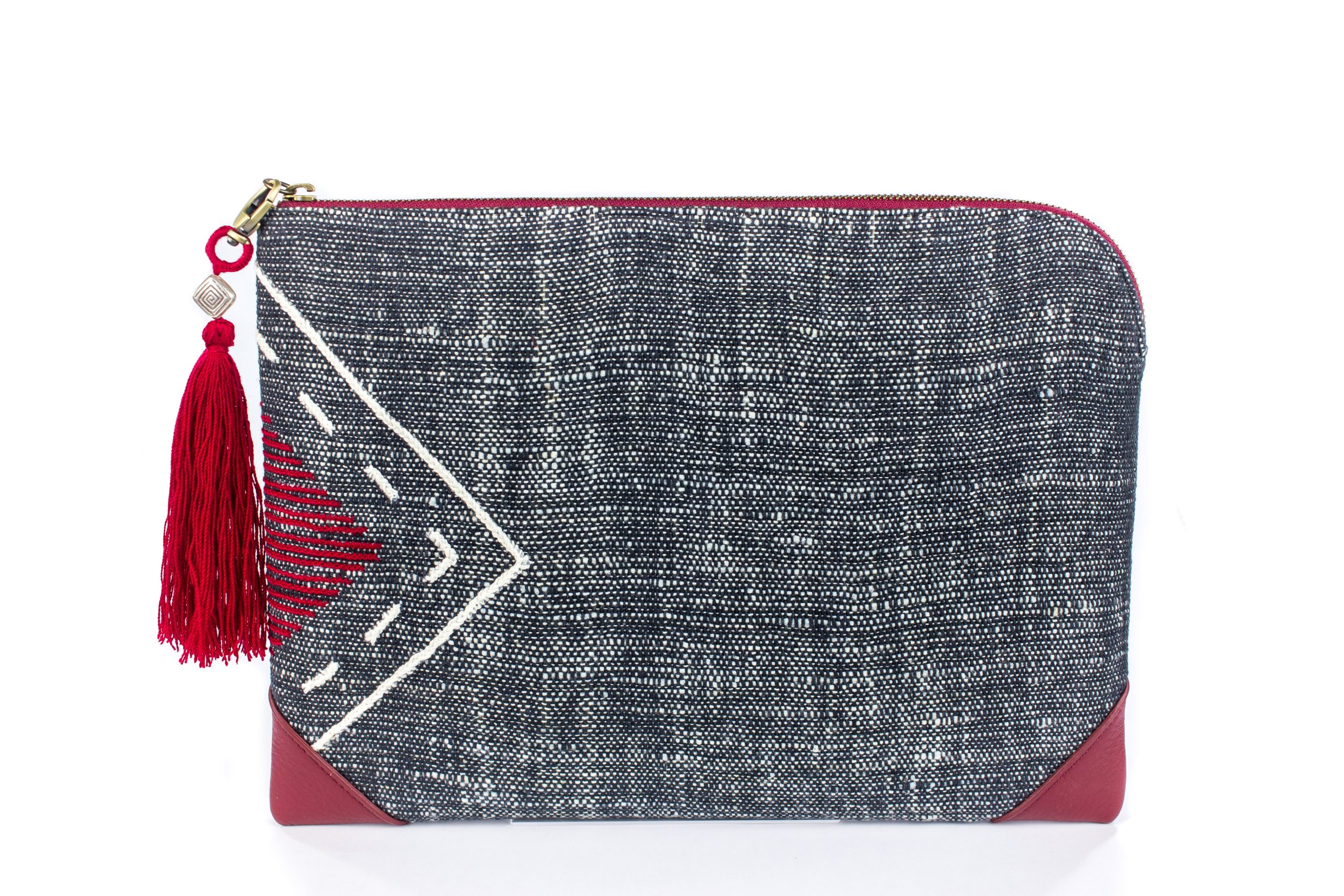 Tribal Clutch Bag : Hand Woven Cotton with Akha Embroidery and Red Leather Accent