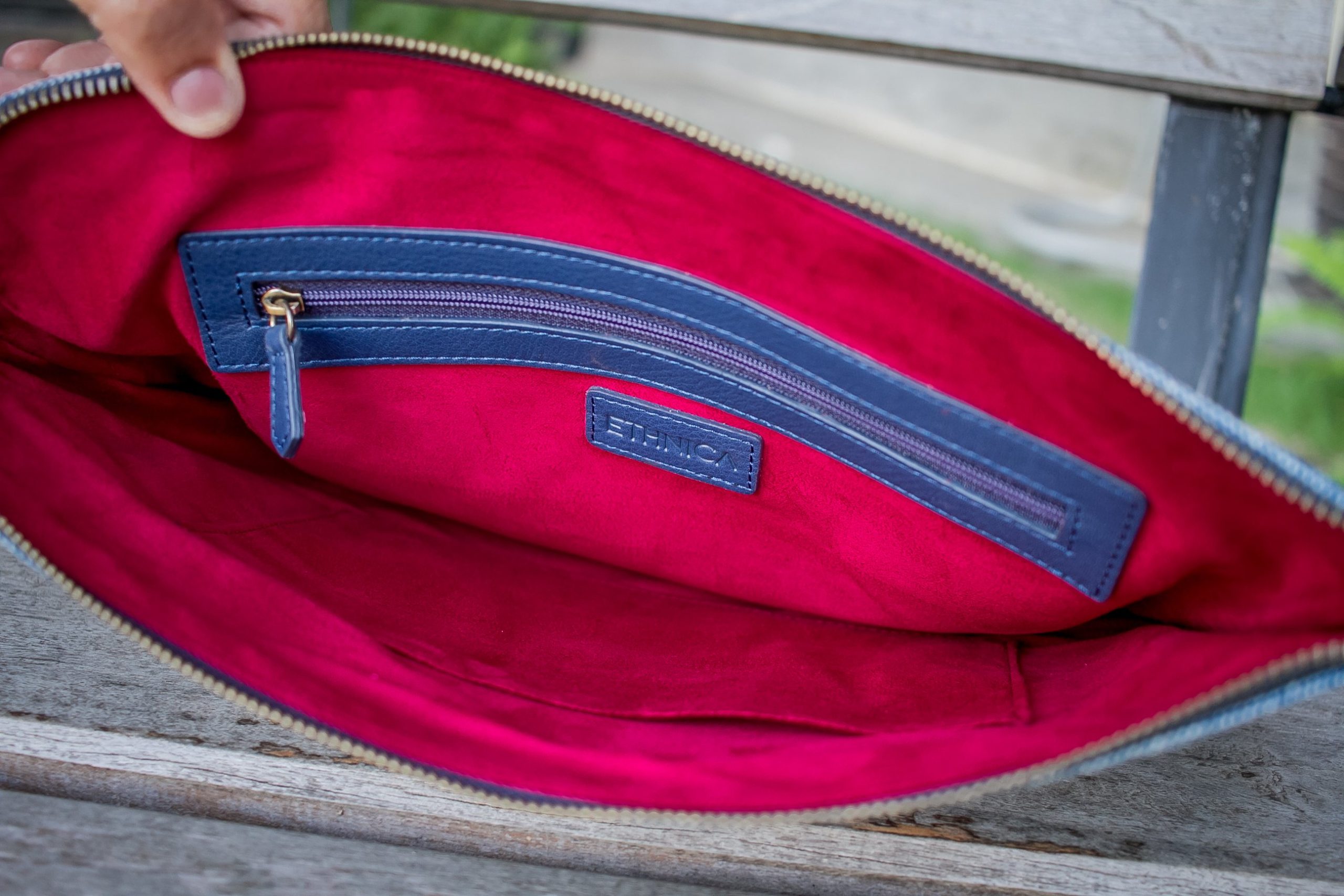 Tribal Clutch Bag : Hand Woven Cotton with Akha Embroidery and Blue Leather Accent