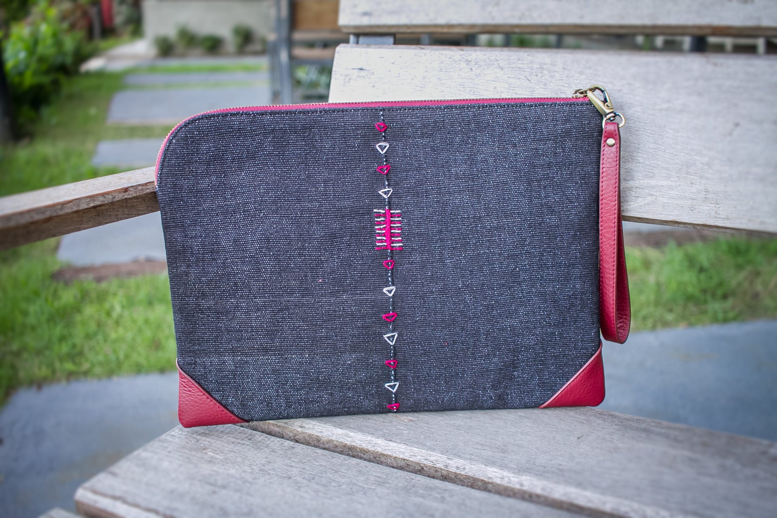 Tribal Clutch Bag : Indigo Hand Woven Cotton with Red Leather Accent