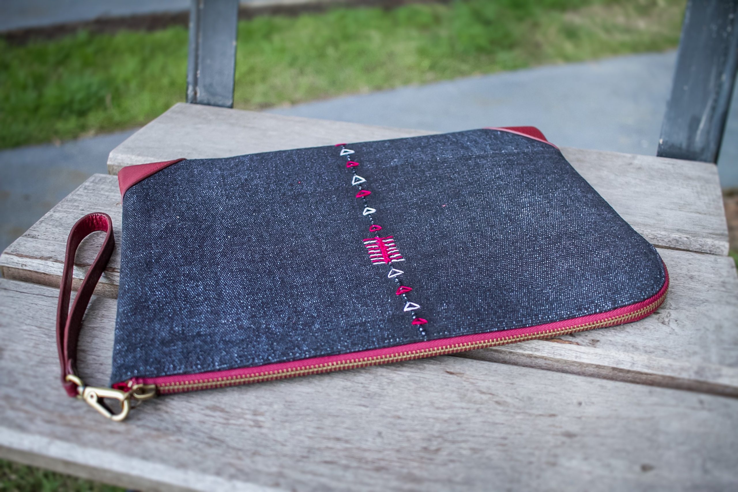 Tribal Clutch Bag : Indigo Hand Woven Cotton with Red Leather Accent