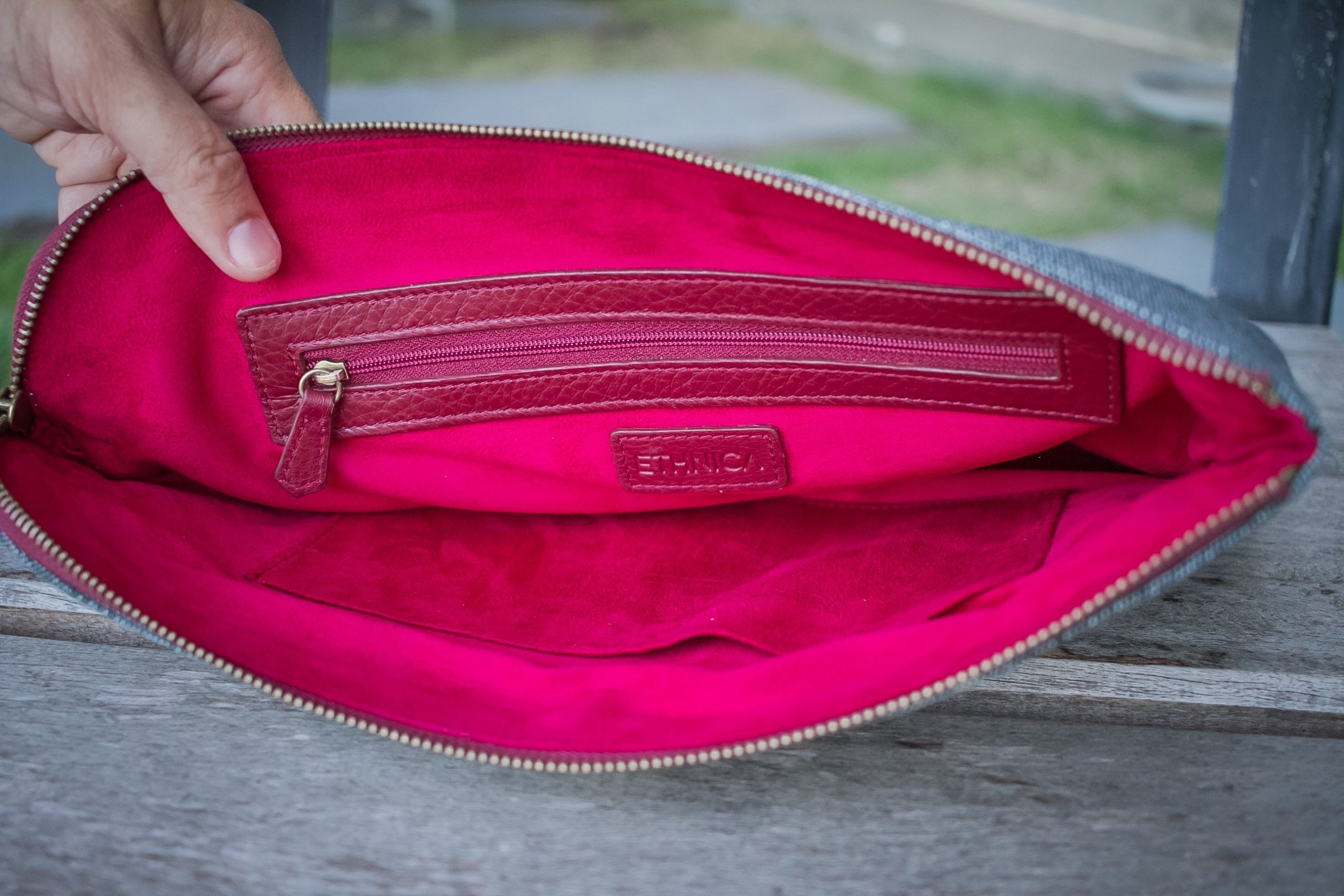 Tribal Clutch Bag : Hand Woven Cotton with Akha Embroidery and Red Leather Accent