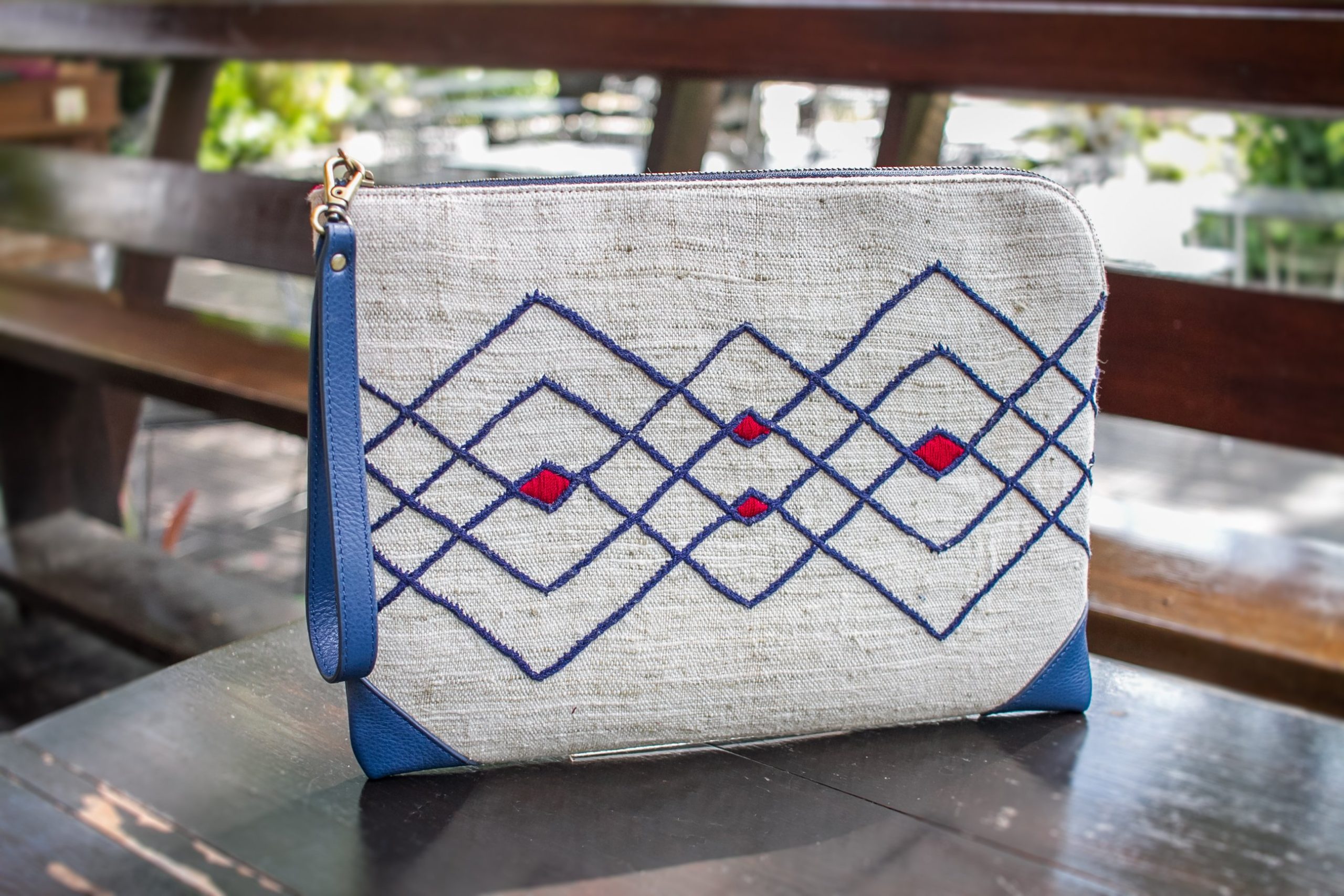 Tribal Clutch Bag : Hand Woven Natural Cotton with Blue Leather Accent