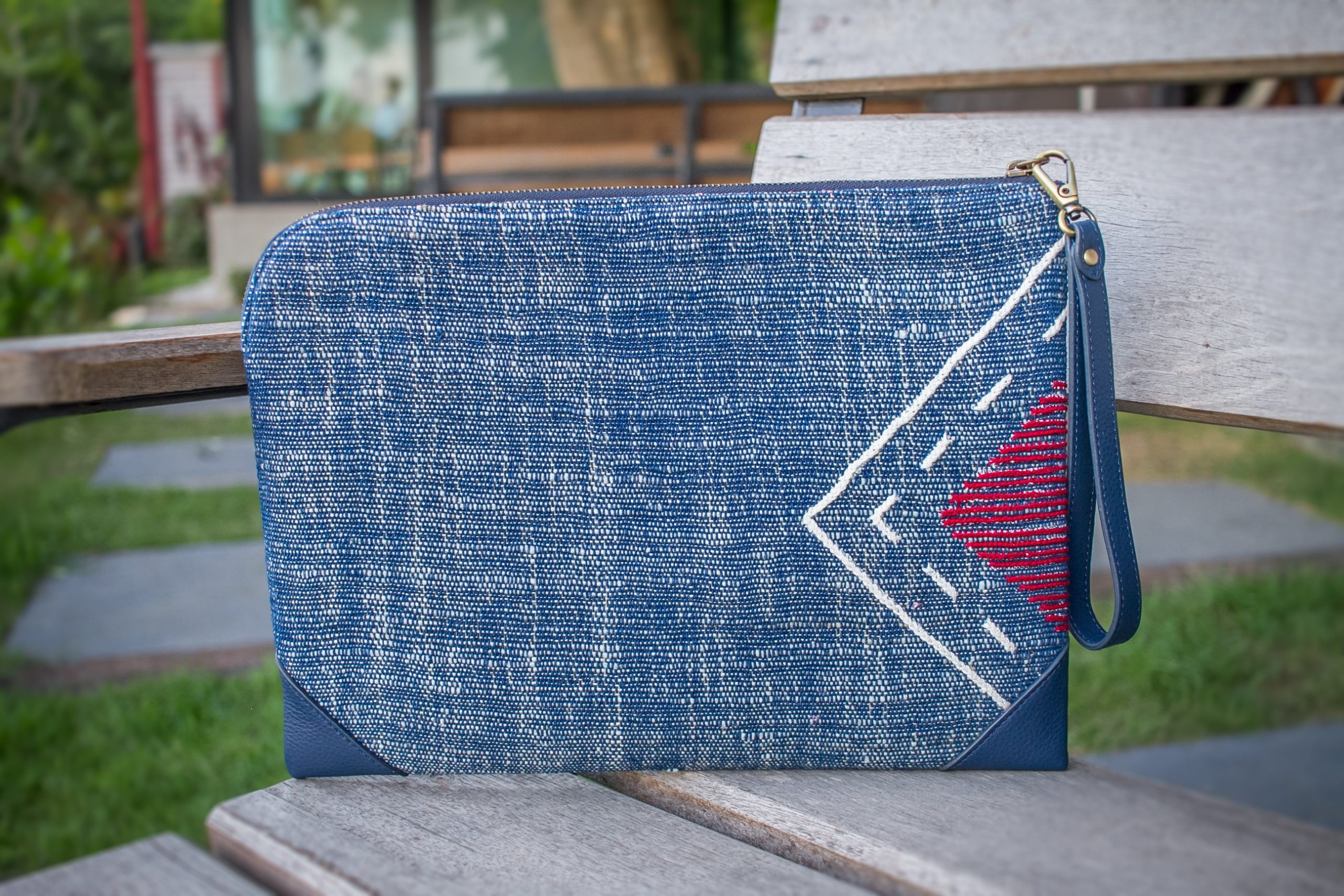 Tribal Clutch Bag : Hand Woven Cotton with Akha Embroidery and Blue Leather Accent