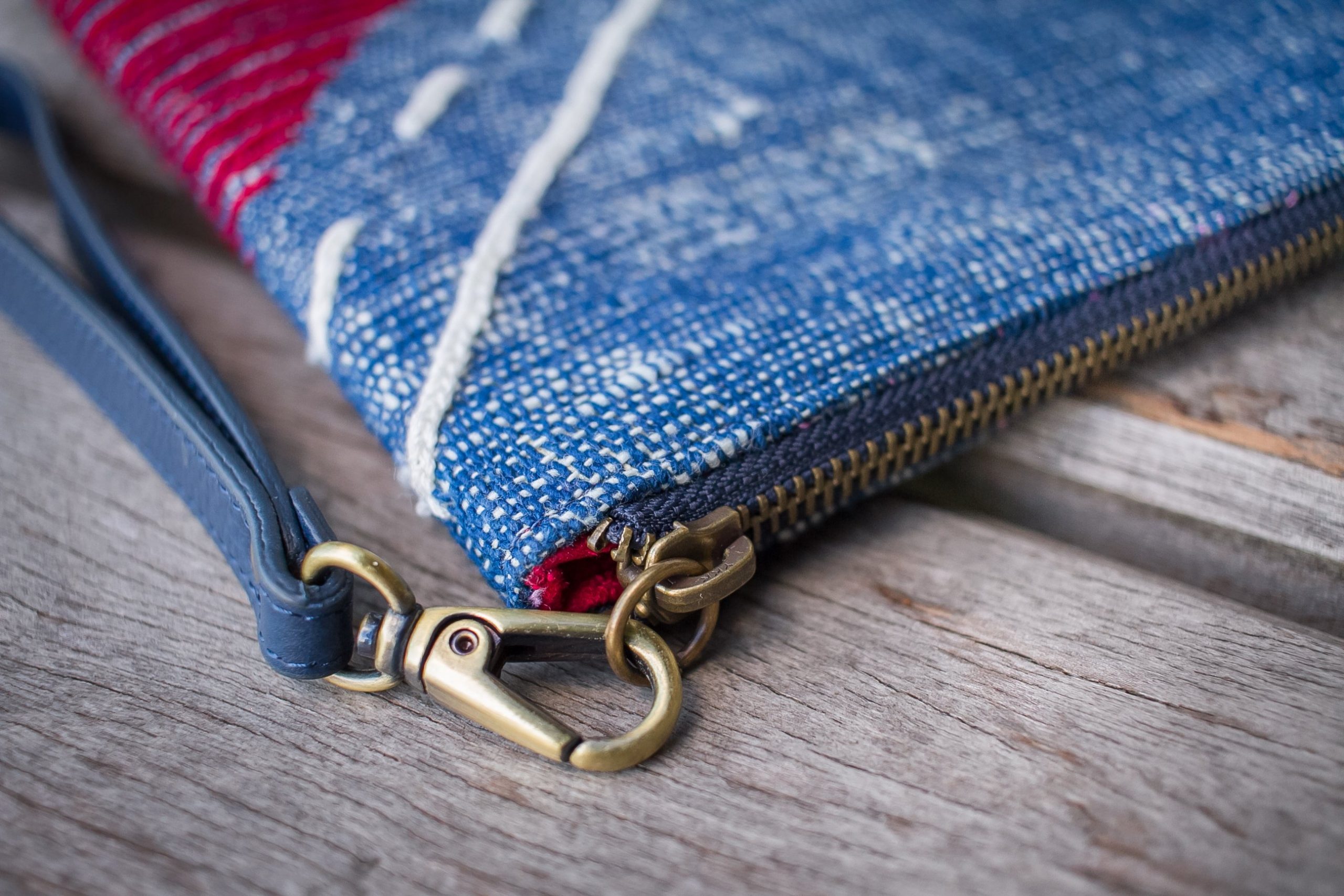 Tribal Clutch Bag : Hand Woven Cotton with Akha Embroidery and Blue Leather Accent