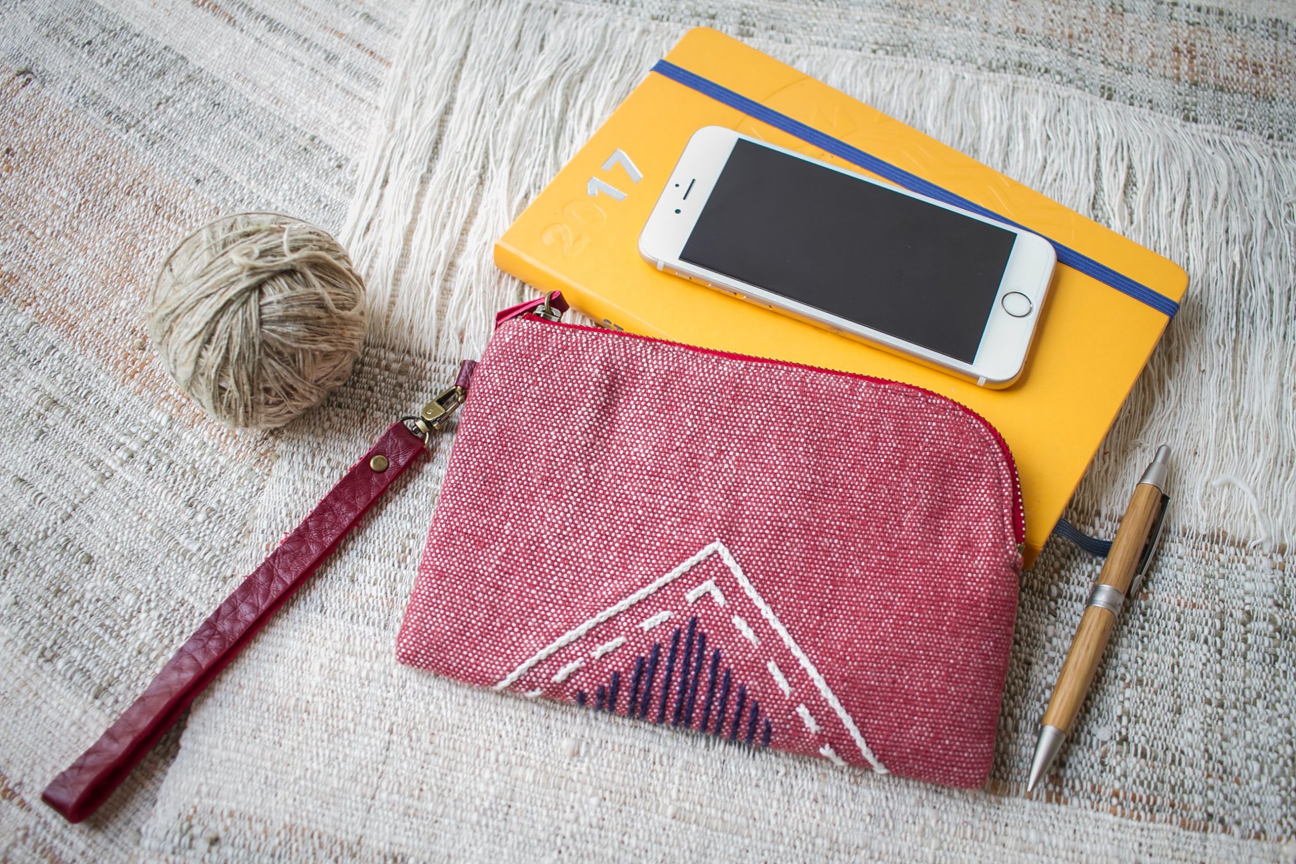 Hand Woven Cotton with Hand Embroidery Wristlet ( Red color )