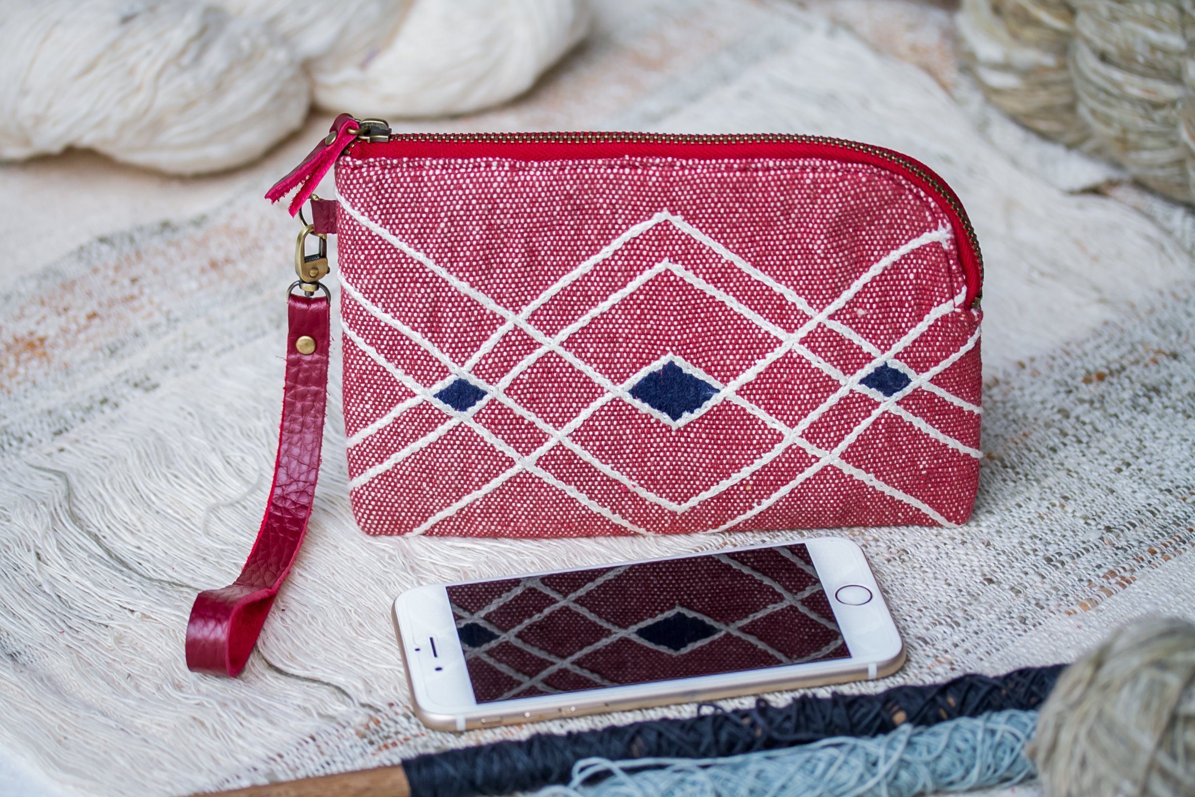 Hand Woven Cotton with Hand Embroidery Wristlet ( Red color )