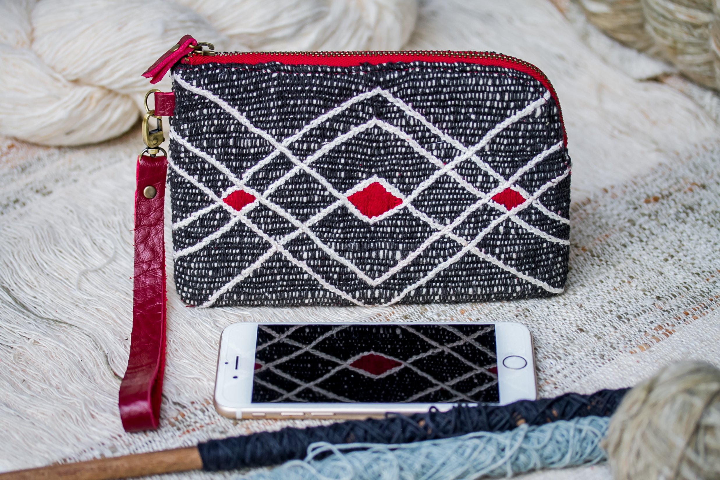 Hand Woven Cotton with Hand Embroidery Wristlet ( Black color )