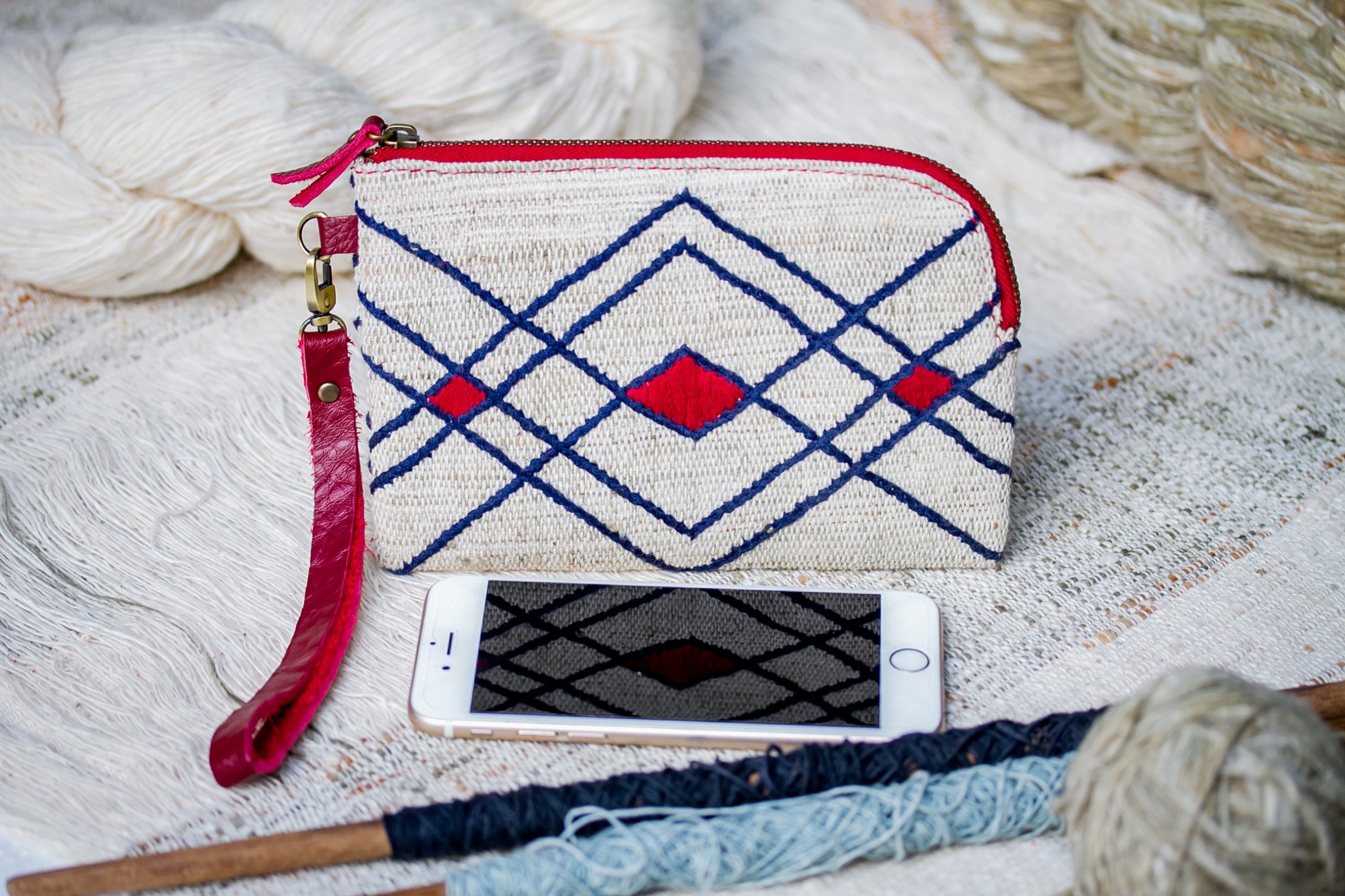 Hand Woven Cotton with Hand Embroidery Wristlet ( Natural Cotton color )