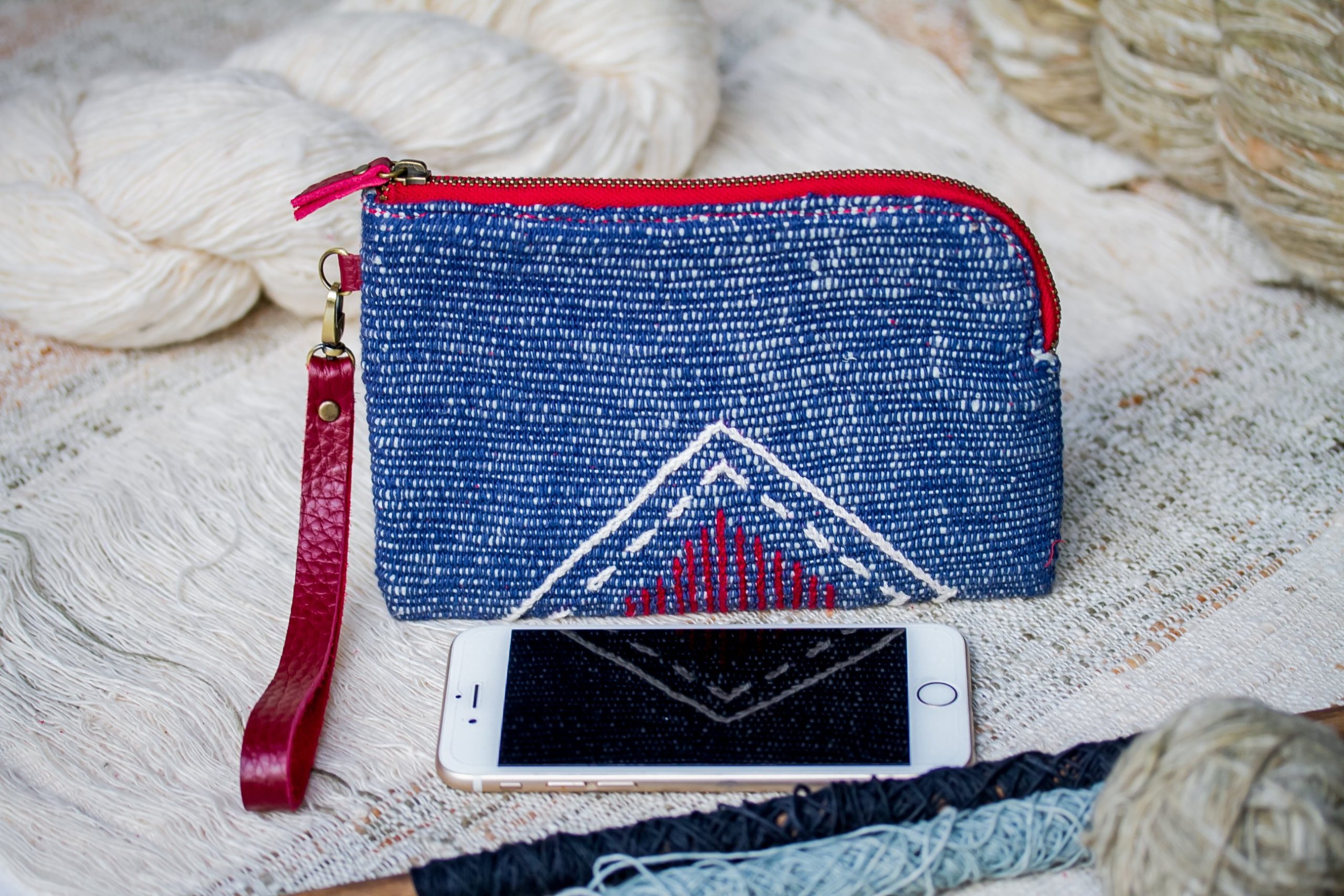 Hand Woven Cotton with Hand Embroidery Wristlet ( Blue color )