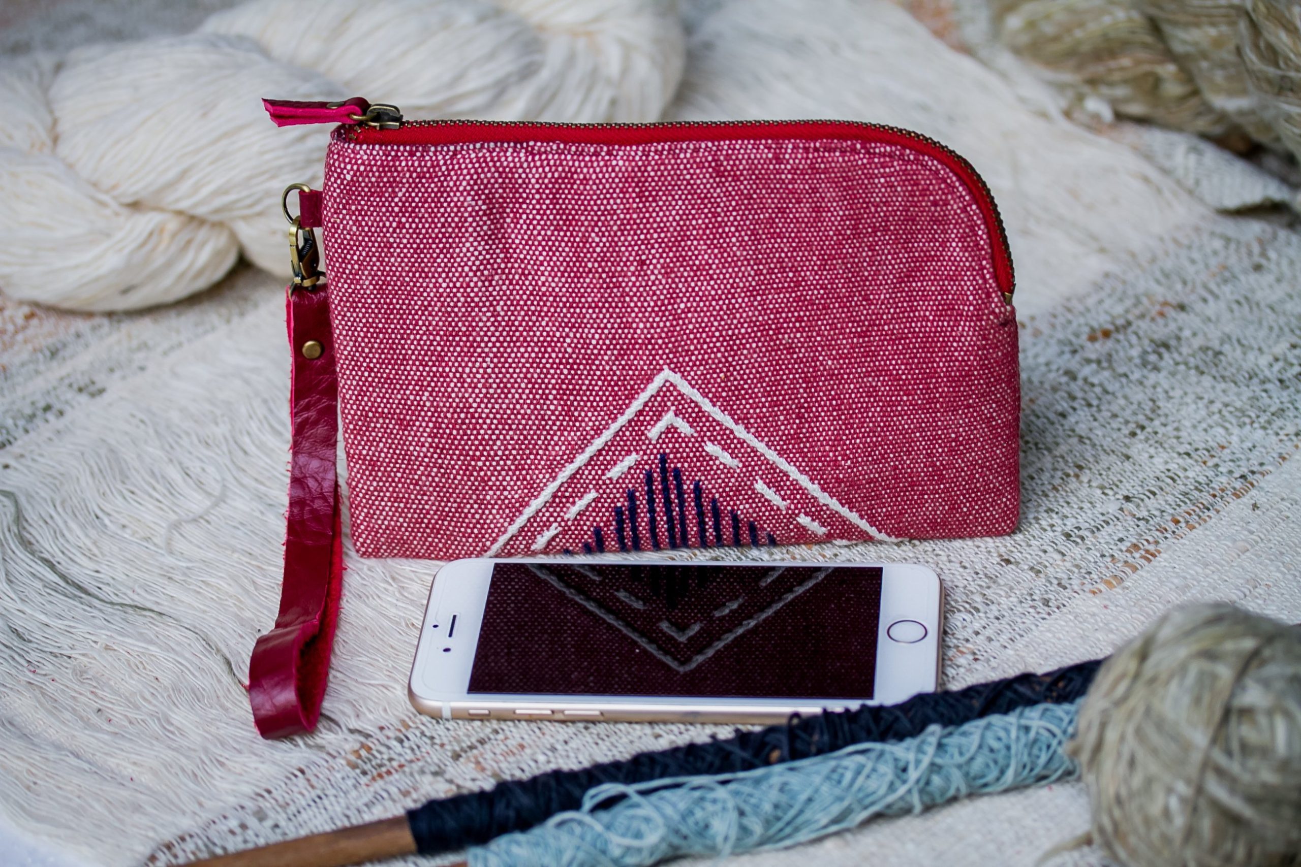 Hand Woven Cotton with Hand Embroidery Wristlet ( Red color )